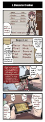 1girl 4koma ? ^^^ ahoge alternate_language artist_request blue_eyes brown_eyes brown_hair character_name character_request choker comic cup english_text gameplay_mechanics glasses handheld_game_console hard-translated highres human_(totomono) index_finger_raised jewelry ken_to_mahou_to_gakuen_mono kneeling mini_person minigirl necklace official_art open_mouth playstation_portable playstation_vita pov skirt speech_bubble standing sweatdrop table talking third-party_edit translated rating:Sensitive score:1 user:danbooru