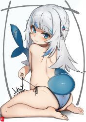  1girl absurdres ass back barefoot bikini bikini_bottom_only blue_bikini blue_eyes blue_hair closed_mouth feet fins fish_tail gawr_gura highres hololive hololive_english johnny_(braun-kan_cafe) medium_hair multicolored_hair scapula shark_girl shark_tail sitting solo streaked_hair swimsuit tail toes topless_female untying virtual_youtuber wariza 