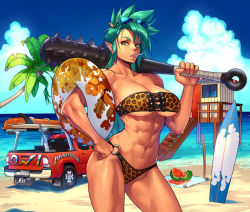 1girl abs animal_print bandeau beach bikini breasts candy cloud club club_(weapon) day female_focus food fruit glasses green_eyes green_hair hand_on_own_hip horns innertube kanabou kanabō large_breasts leopard_print lollipop matching_hair/eyes monster_girl motor_vehicle muscular muscular_female navel ogami oni oni_horns original outdoors palm_tree pickup_truck pointy_ears short_hair sky solo sunglasses surfboard swim_ring swimsuit sword toned tree truck watermelon weapon wooden_sword rating:Sensitive score:114 user:railbreaker