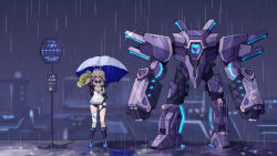 2girls ai-chan_(honkai_impact) animal_ears black_boots black_jacket black_shorts boots carrying carrying_person closed_mouth double_bun fox_ears full_body green_hair hair_bun headphones headphones_around_neck highres honkai_(series) honkai_impact_3rd jacket koukoukoukouke long_hair mecha multiple_girls night night_sky outdoors piggyback pink_hair purple_eyes rain robot scene_reference shirt shorts sign single_thighhigh sky smile solo standing thighhighs tonari_no_totoro totoro_bus_stop umbrella white_shirt white_thighhighs yae_sakura yae_sakura_(goushinnso_memento) yellow_eyes 