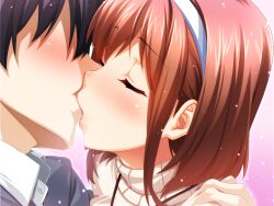  1boy 1girl asaoka_arata black_hair blush closed_eyes game_cg highres hinomoto_koharu kedamono-tachi_no_sumu_ie_de kiss pin-point short_hair takeda_hiromitsu 