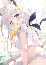  1girl ahoge animal_ear_fluff animal_ears blush braid breasts cropped_shirt food fox_ears fox_girl green_eyes hair_between_eyes hair_ornament highres holding holding_food holding_popsicle hololive long_hair looking_at_viewer midriff mikeou off-shoulder_shirt off_shoulder open_mouth panties popsicle shirakami_fubuki shirt side_braid sidelocks single_braid smile solo underwear virtual_youtuber white_hair white_panties white_shirt 