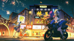  6+girls absurdres banjie blonde_hair building camera china cirno daiyousei dress fairy_wings fireworks gradient_hair guangxi highres hijiri_byakuren holding holding_camera kamishirasawa_keine komeiji_koishi lily_white long_hair motor_vehicle motorcycle multicolored_hair multiple_girls night night_sky purple_hair road rumia shameimaru_aya sky smile street tatara_kogasa touhou toyosatomimi_no_miko wings 