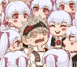  13girls 1boy asta_(black_clover) black_clover blush clones closed_eyes confused ! grey_hair hair_ribbon headband heart multiple_persona noelle_silva open_mouth pink_eyes pout ribbon smile speech_bubble staring_at_person teeth twintails 