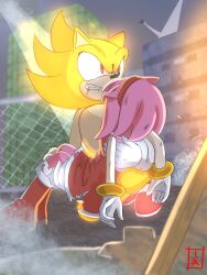  aircraft amy_rose angry boots bracelet building carrying city cloud cloudy_sky destroyed_clothing dress fang gloves gold_fur gold_hair hairband hedgehog helicopter izachansenpai20 jewelry light_blush medium_hair night pink_fur pink_hair protecting red_dress red_eyes red_shoes sega shoes sky socks sonamy sonic_(series) sonic_the_hedgehog spiked_hair super_sonic teeth torn_clothes white_gloves white_socks 