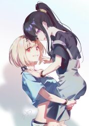  2girls alternate_costume alternate_hairstyle aqua_shirt black_hair black_panties black_shirt blonde_hair bob_cut casual crop_top dated_commentary from_side grey_overalls grin hand_on_another&#039;s_shoulder highres inoue_takina lifting_person long_hair long_sidelocks looking_at_viewer looking_to_the_side lycoris_recoil multiple_girls nishikigi_chisato off-shoulder_shirt off_shoulder open_mouth overalls panties panty_peek ponytail purple_eyes red_eyes shirt short_hair short_sleeves sidelocks smile standing t-shirt underwear walluka wristband 