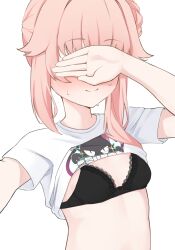  1girl absurdres bare_arms black_bra blue_archive blush bra breasts clothes_lift commentary covering_own_eyes facing_viewer hair_bun half_updo highres lace lace-trimmed_bra lace_trim loli mer_lynn natsu_(blue_archive) pink_hair selfie shirt shirt_lift short_sleeves sidelocks simple_background single_side_bun small_breasts smile solo stomach sweat t-shirt underwear upper_body white_background white_shirt 