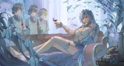  4girls absurdres agito_(agitoishere) alcohol barefoot blue_eyes blue_flower blue_nails breasts cantarella_(wuthering_waves) commentary couch cup dress drinking_glass earrings facial_mark feet flower hair_flower hair_ornament hand_up headdress highres holding holding_cup indoors jewelry large_breasts long_hair looking_at_viewer maid mark_under_eye multiple_girls nail_polish on_couch purple_hair shrug_(clothing) signature single_thighhigh sitting sitting_sideways solo_focus thighhighs thighs toes white_dress white_shrug white_thighhighs wine_glass wuthering_waves 