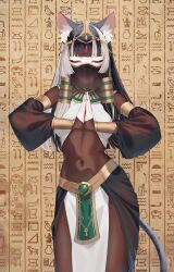  1girl alternate_costume animal_ears aqua_nails black_hair blunt_bangs bodystocking breasts cat_ears cat_tail circlet closed_eyes commentary_request covered_navel egyptian_trend_(meme) hair_ornament highres hololive hololive_dev_is juufuutei_raden loincloth long_hair medium_breasts meme mouth_veil multicolored_hair murechika own_hands_together smile solo tail two-tone_hair variant_set veil virtual_youtuber white_hair 