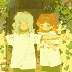 &gt;:( 2girls :&lt; against_wall aged_down bumian_mei child cowboy_shot dirty dirty_face furrowed_brow green_eyes grey_eyes grey_hair hair_bun hairband hands_up highres holding holding_paper medium_hair multiple_girls orange_hair outstretched_arms paper plant protecting reverse:1999 shirt single_side_bun sonetto_(reverse:1999) spread_arms t-shirt tearing_up traffic_cone two_side_up v-shaped_eyebrows vertin_(reverse:1999) vines white_hairband white_shirt 