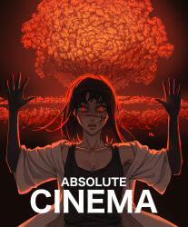  1girl absolute_cinema_(meme) absurdres black_gloves black_hair black_tank_top breasts chainsaw_man cleavage elbow_gloves facial_scar gloves hands_up highres jacket long_hair looking_at_viewer matomo meme mushroom_cloud open_mouth red_eyes scar scar_on_cheek scar_on_face scar_on_nose solo tank_top white_jacket yoru_(chainsaw_man) 