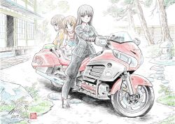  3girls aged_down alternate_costume black_hair black_jacket black_pants blush brown_hair denim denim_shorts girls_und_panzer highres house jacket kubota_shinji long_hair looking_at_viewer medium_hair mother_and_daughter motor_vehicle motorcycle multiple_girls nishizumi_maho nishizumi_miho nishizumi_shiho orange_shirt outdoors pants shirt shoes shorts sketch smile tree 