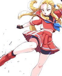  1girl antenna_hair bike_shorts bike_shorts_under_skirt black_gloves blonde_hair bow commentary_request drill_hair fingerless_gloves gloves hair_bow hair_pulled_back highres ikaringo_(ikaringo4444) kanzuki_karin long_hair looking_down neckerchief pleated_skirt red_serafuku red_skirt school_uniform serafuku skirt solo standing standing_on_one_leg street_fighter street_fighter_zero_(series) yellow_eyes 