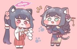  2girls animal_ears black_hair blue_archive blue_hair blue_kimono blush cat_ears cat_girl cat_tail chibi dark_blue_hair diyap fang flower full_body gohei green_eyes grey_hair hair_flower hair_ornament hakama hakama_skirt haraegushi japanese_clothes karyl_(new_year)_(princess_connect!) karyl_(princess_connect!) kimono looking_at_viewer miko mixed-language_commentary multicolored_hair multiple_girls notice_lines oonusa paw_print ponytail princess_connect! print_kimono red_eyes red_hakama serika_(blue_archive) serika_(new_year)_(blue_archive) simple_background skirt streaked_hair tail white_kimono 