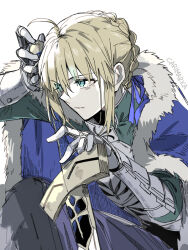  1girl ahoge armor armored_dress artoria_pendragon_(fate) blonde_hair blue_cape braid braided_bun breastplate cape carimarica dress excalibur_(fate/stay_night) fate/grand_order fate/stay_night fate_(series) fur-trimmed_cape fur_trim gauntlets green_eyes hair_bun hair_ribbon hands_on_hilt holding holding_weapon looking_at_viewer ribbon saber_(fate) short_hair solo sword weapon white_background 