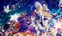  3girls belt black_skirt black_vest blonde_hair blue_background blue_bow boots bow braid broom broom_riding brown_belt collar dress fairy fairy_wings flower flying hand_on_headwear hat kirisame_marisa long_hair magic multiple_girls red_dress sanuo short_sleeves single_braid skirt star_(symbol) sunflower sunflower_fairy_(touhou) touhou vest white_boots white_collar white_dress white_sleeves wings witch_hat yellow_eyes 