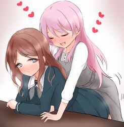  2girls bang_dream! bang_dream!_it&#039;s_mygo!!!!! blue_eyes blue_shirt blue_skirt blush brown_hair ch-b chihaya_anon closed_eyes closed_mouth commentary_request dress dry_humping fang grey_dress grey_neckerchief heart highres humping long_hair long_sleeves multiple_girls nagasaki_soyo neckerchief open_mouth pinafore_dress pink_hair pleated_skirt sailor_collar school_uniform shirt skirt sleeveless sleeveless_dress smile tsukinomori_school_uniform white_sailor_collar white_shirt yuri 