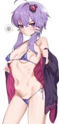  1girl anger_vein bikini breasts covered_erect_nipples highres jacket kamaboko_(ossann0125) looking_at_viewer navel open_clothes open_jacket purple_eyes purple_hair short_hair_with_long_locks side-tie_bikini_bottom small_breasts solo spoken_anger_vein swimsuit vocaloid voiceroid yuzuki_yukari 