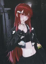  1girl aegyo_sal alley black_jacket black_skirt black_sports_bra ear_piercing fov_ps hair_between_eyes hair_ornament hairclip jacket jagged_sclera jewelry lamppost lip_piercing long_hair looking_to_the_side midriff mole mole_under_mouth nail_polish navel original patch piercing red_eyes red_hair ring skirt solo sports_bra straight_hair sunglasses very_long_hair 