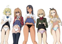  5girls ahoge aisaka_taiga averting_eyes black_panties black_skirt black_thighhighs blonde_hair blue_bow blue_bowtie blue_eyes blue_skirt blush bow bowtie breasts brown_eyes brown_hair cameltoe clenched_teeth closed_mouth clothes_lift earrings girls_und_panzer gluteal_fold gzv hair_bow hood hoodie ijiranaide_nagatoro-san iya_na_kao_sare_nagara_opantsu_misete_moraitai iya_na_kao_sare_nagara_opantsu_misete_moraitai_yo_wa_pantsu_ga_mitai_zo jewelry katyusha_(girls_und_panzer) kurumi_(lycoris_recoil) lifting_own_clothes lingerie loli long_hair looking_at_viewer lycoris_recoil military_uniform miniskirt multiple_girls nagatoro_hayase navel panties pink_panties pravda_military_uniform shirt_lift short_hair simple_background skirt skirt_flip skirt_lift small_breasts striped_clothes striped_panties tanya_degurechaff teeth thighhighs toradora! underwear white_background white_hair white_panties youjo_senki 