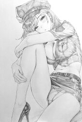  1girl absurdres belt belt_buckle blush bow bow_panties breasts buckle cleavage commentary_request crop_top cropped_shirt crotch_seam emblem fingernails foot_out_of_frame graphite_(medium) greyscale hat high_heels highres hugging_own_leg knee_up large_breasts lensia looking_at_viewer medium_hair microskirt midriff monochrome navel original panties parted_lips pencil_skirt police police_hat police_uniform policewoman short_sleeves sitting skirt solo swept_bangs traditional_media underwear 