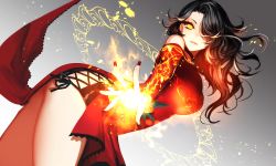 1girl apt bare_shoulders black_hair breasts choker cinder_fall dress female_focus fingernails glowing glowing_eyes hair_over_one_eye highres large_breasts long_fingernails long_hair looking_at_viewer magic_circle nail_polish red_dress red_nails rwby side_slit solo thighs yellow_eyes rating:Sensitive score:115 user:danbooru