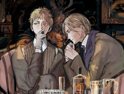  2boys ahoge alcohol axis_powers_hetalia beer_mug between_fingers black_necktie blonde_hair bottle brown_jacket brown_pants brown_vest chest_of_drawers cigar closed_mouth collared_shirt commentary_request couch covered_mouth cup drawing_(object) drinking_glass facial_hair fingernails flower formal_clothes france_(hetalia) gloves green_eyes grey_jacket grey_pants hand_up hands_up highres holding holding_cigar indoors jacket lapels long_sleeves looking_at_another looking_to_the_side male_focus mug multiple_boys necktie on_couch orange_flower orange_rose own_hands_together pants puffy_long_sleeves puffy_sleeves purple_eyes purple_necktie purple_vest rose shirt short_hair sitting smile smoke smoking striped_clothes striped_vest suda_(isudayo) suit suit_jacket united_kingdom_(hetalia) vertical-striped_clothes vertical-striped_vest vest whiskey white_gloves white_shirt wine_glass 