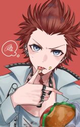  1boy arm_up blue_eyes burger collared_jacket commentary crew_neck danganronpa:_trigger_happy_havoc danganronpa_(series) ear_piercing earrings facial_hair finger_to_mouth food food_on_face food_wrapper goatee jacket jewelry kuwata_leon looking_at_viewer male_focus multiple_earrings piercing red_background red_hair safety_pin sanpaku shirt short_hair simple_background solo speech_bubble squiggle symbol-only_commentary thought_bubble tongue tongue_out tongue_piercing tuki_onigiri upper_body v-shaped_eyebrows white_jacket widow&#039;s_peak 