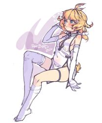  1girl alternate_costume asymmetrical_legwear bare_shoulders blonde_hair blue_eyes blush breasts character_name commentary covered_navel dokibird_(vtuber) dress elbow_gloves embarrassed english_commentary frown full_body gloves highres indie_virtual_youtuber jarv kneehighs low_twintails medium_breasts no_shoes pelvic_curtain side_slit sideboob simple_background single_kneehigh single_sock single_thighhigh sitting socks solo tail thigh_strap thighhighs twintails uneven_legwear virtual_youtuber white_background white_dress white_gloves white_socks white_thighhighs 