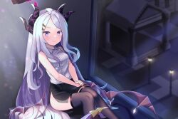 1girl ahoge ass black_skirt blue_archive blurry building commentary_request demon_girl demon_horns demon_wings depth_of_field forehead hair_ornament hairclip halo highres hina_(blue_archive) horns indoors lamppost long_hair looking_at_viewer official_alternate_costume parted_bangs pencil_skirt purple_eyes shirt side_slit sidelocks sitting skirt sleeveless sleeveless_shirt smile solo wavy_hair white_hair white_shirt window wings yunoyuno rating:Sensitive score:4 user:danbooru
