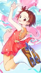  1girl balloon braid braided_bangs brown_eyes brown_hair dress figure_skating_dress full_body hashtag-only_commentary heart_balloon highres holding holding_stuffed_toy ice_skates kishotaku looking_at_viewer medalist_(manga) red_dress short_hair skates smile solo stuffed_animal stuffed_toy stuffed_worm teeth upper_teeth_only v yuitsuka_inori 