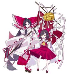  2girls aged_down ascot bell black_hair bow commentary foul_detective_satori frilled_bow frills full_body gensokyo&#039;s_first_hakurei_miko gohei hair_bow hair_tubes hakurei_reimu highres holding holding_gohei japanese_clothes jingle_bell kanae_mituki long_hair looking_at_viewer low-tied_long_hair miko multiple_girls nontraditional_miko open_mouth red_shirt red_skirt ribbon-trimmed_sleeves ribbon_trim sandals shirt simple_background skirt socks tabi touhou white_socks wide_sleeves yellow_ascot 
