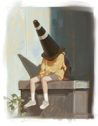 1girl absurdres artist_name backpack bag commentary english_commentary highres jacket long_sleeves original shoes sitting sneakers socks solo thien_ngo traffic_cone_on_head white_socks yellow_jacket rating:General score:7 user:danbooru