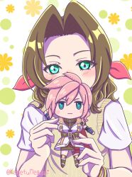  1girl aerith_gainsborough alternate_costume aqua_eyes artist_name blush bracelet character_doll commentary_request doll eyelashes final_fantasy final_fantasy_vii final_fantasy_xiii forehead hair_between_eyes hair_intakes hair_ribbon highres holding jewelry lightning_farron looking_at_viewer megu1214 pink_hair ribbon sakamoto_maaya shadow short_sleeves twitter_username upper_body voice_actor_connection 