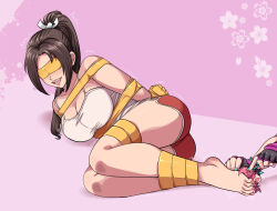  2girls absurdres alternate_breast_size breasts brown_hair casual cleavage commentary fatal_fury han_juri highres large_breasts lost_one_zero lying multiple_girls pink_background ponytail restrained shiranui_mai slippers street_fighter street_fighter_6 tickling vest white_vest 
