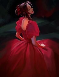  1girl aerith_gainsborough alternate_costume alternate_hairstyle closed_eyes closed_mouth derivative_work dress final_fantasy final_fantasy_vii from_behind hair_bun hair_ribbon highres jeseni long_dress long_hair parted_bangs puffy_short_sleeves puffy_sleeves red_dress ribbon screenshot_redraw short_sleeves sidelocks sketch solo updo 