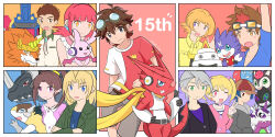 akashi_tagiru amano_nene_(digimon_xros_wars) amano_yuu_(digimon) anniversary aonuma_kiriha ballistamon blonde_hair cutemon damemon digimon_xros_wars digimon_xros_wars:_toki_wo_kakeru_shounen_hunter-tachi dorulumon dracumon greymon_(digimon_xros_wars) gumdramon hair_ornament hairpin hinomoto_akari kudou_taiki long_hair one_eye_closed open_mouth opossummon pink_eyes psychemon shoutmon_king_ver. sparrowmon suzaki_airu tsurugi_zenjirou twintails v wink xy_(pixiv_user_5674255)