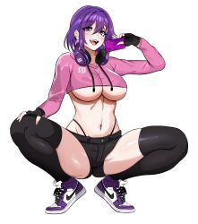  1girl absurdres black_gloves black_panties black_shorts black_thighhighs blush breasts commentary commission cropped_hoodie denim denim_shorts fingernails gloves hair_between_eyes hand_on_own_knee headphones headphones_around_neck high_tops highleg highleg_panties highres holding hood hoodie large_breasts long_sleeves looking_at_viewer micro_shorts navel nike_(company) open_mouth original panties panty_straps pink_hoodie purple_eyes purple_hair shiny_skin shoes short_hair shorts simple_background smile sneakers solo spread_legs squatting string_panties thighhighs underboob underwear white_background zuyu_(zuyuzuyu6) 