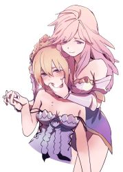 2girls bare_shoulders blonde_hair blush breasts crown europa_(granblue_fantasy) finger_in_another&#039;s_mouth flower gabriel_(granblue_fantasy) granblue_fantasy hair_flower hair_ornament holding_hands large_breasts long_hair medium_breasts multiple_girls pink_hair purple_eyes short_hair smile takishima_asaka white_background yuri rating:Sensitive score:41 user:danbooru