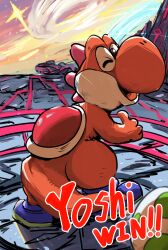  1other ;d absurdres blue_shoes character_name commentary_request dinosaur dinosaur_tail egg english_text final_destination_(smash_bros) highres ishijimajirou looking_at_viewer looking_back mario_(series) nintendo nose one_eye_closed open_mouth red_yoshi shoes smile solo super_smash_bros. tail thumbs_up yoshi yoshi_egg 