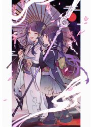  2girls aged_down blunt_bangs braid closed_eyes commentary duplicate english_commentary engulfing_lightning_(genshin_impact) falling_petals flower from_side genshin_impact hair_ornament hand_up highres holding holding_hands holding_polearm holding_weapon hydrangea japanese_clothes light_blush long_hair looking_ahead low-tied_long_hair makoto_(genshin_impact) moon multiple_girls oastlv oil-paper_umbrella open_mouth outdoors petals pixel-perfect_duplicate polearm purple_eyes purple_hair raiden_shogun red_moon shade siblings single_braid sisters smoke smoke_trail twins umbrella walking weapon 