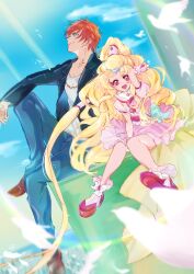  1boy 1girl absurdly_long_hair absurdres aqua_bow arm_on_knee bare_legs bird black_jacket blonde_hair blue_eyes blue_pants blue_sky bow bow_legwear brown_shoes buttons chain chain_necklace child circlet city closed_mouth cloud collarbone collared_jacket cure_tomorrow day denim dove dress dress_bow fingerless_gloves flock frilled_dress frilled_gloves frilled_sash frilled_socks frills full_body gloves hair_ornament hair_tubes hand_in_own_hair happy harryham_harry harryham_harry_(human) heart heart_hair_ornament heart_print high_ponytail highres hug-tan_(precure) hugtto!_precure jacket jeans jewelry lapels leather leather_jacket lens_flare light_particles light_rays long_hair looking_up magical_girl makeup mascara necklace notched_lapels ocean on_roof open_clothes open_jacket open_mouth outdoors pants pectorals pink_dress pink_eyes pink_gloves pink_sash pink_socks platform_shoes pointy_nose ponytail precure red_hair red_shoes sash shipu_(gassyumaron) shirt shoes short_dress short_hair sitting sky smile socks sunlight tan tareme very_long_hair waist_sash wavy_hair white_bow white_shirt 