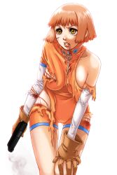  1girl bad_proportions bleeding blood breasts brown_eyes brown_gloves brown_hair cuts gloves gluteal_fold gun handgun highres holding holding_gun holding_weapon injury leotard medium_breasts mezzo_forte orange_leotard parted_lips saitou_nekoichi short_hair simple_background smoke solo suzuki_mikura torn_clothes weapon white_background 
