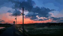  1boy banakotakemaru blue_sky cloud cloudy_sky commentary_request gradient_sky highres lamppost orange_sky original outdoors power_lines scenery sky solo twilight utility_pole wide_shot 