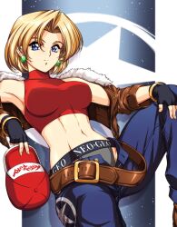  1girl baggy_pants bare_shoulders belt belt_skirt blonde_hair blue_eyes blue_mary bob_cut breasts crop_top denim fatal_fury fatal_fury_cap fingerless_gloves gloves halterneck highres large_breasts looking_at_viewer loose_belt midriff multiple_belts navel pants parted_hair short_hair simple_background sirknightbot sleeveless sleeveless_turtleneck smile snk solo tight_top turtleneck 