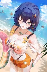  1girl adjusting_clothes bangboo_(zenless_zone_zero) beach belle_(summer_skies)_(zenless_zone_zero) bikini blue_hair blush breasts cleavage collarbone day desire_(des1re) dutch_angle eous_(zenless_zone_zero) green_eyes highres horizon innertube looking_at_viewer medium_breasts navel ocean one_eye_closed orange_bikini orange_shorts shirt short_hair shorts solo stomach swim_ring swimsuit tied_shirt wet wet_clothes wet_shirt white_shirt zenless_zone_zero 