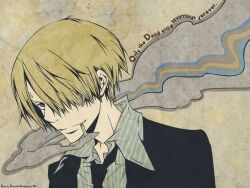 1boy amano_akira blonde_hair blue_eyes cigarette curly_eyebrows english_text formal_clothes hair_over_one_eye highres male_focus one_eye_covered one_piece sanji_(one_piece) short_hair smile smoke solo suit third-party_edit third-party_source 