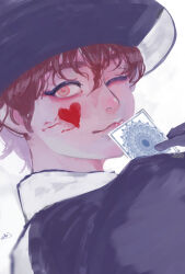  1boy ao-illust brown_hair card closed_mouth disneyland formal_clothes hat heart highres jack_heart long_sleeves looking_at_viewer makeup male_focus multicolored_hair necktie red_eyes red_necktie simple_background smile streaked_hair 