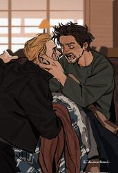  2boys artist_name avengers_(series) barefoot black_eyes black_hair black_jacket black_pants blanket blonde_hair blurry blurry_background brown_eyes couch covered_mouth curtains facial_hair fingernails grey_shirt hand_on_another&#039;s_face hand_up highres indoors jacket lamp long_sleeves looking_at_another male_focus marvel marvel_cinematic_universe multiple_boys on_couch open_mouth pants screaming shirt short_hair sitting steve_rogers sweatdrop teeth tony_stark v-shaped_eyebrows window yiqianbixin 
