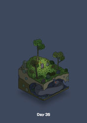 absurdres blue_background boulder commentary diorama gozz highres holding holding_stick holding_torch isometric night original plant stick torch tree rating:General score:2 user:danbooru
